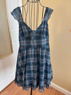 wild fable Blue Plaid Ruffle-Trim Chemise Slip